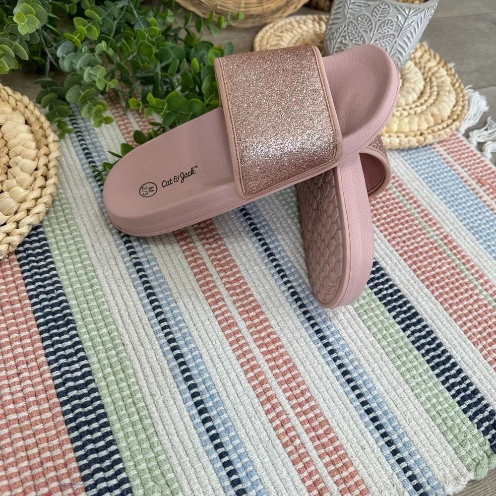 New Cat & Jack Girls Rose Pink Glitter Slide Sandals Size Medium 2/3
